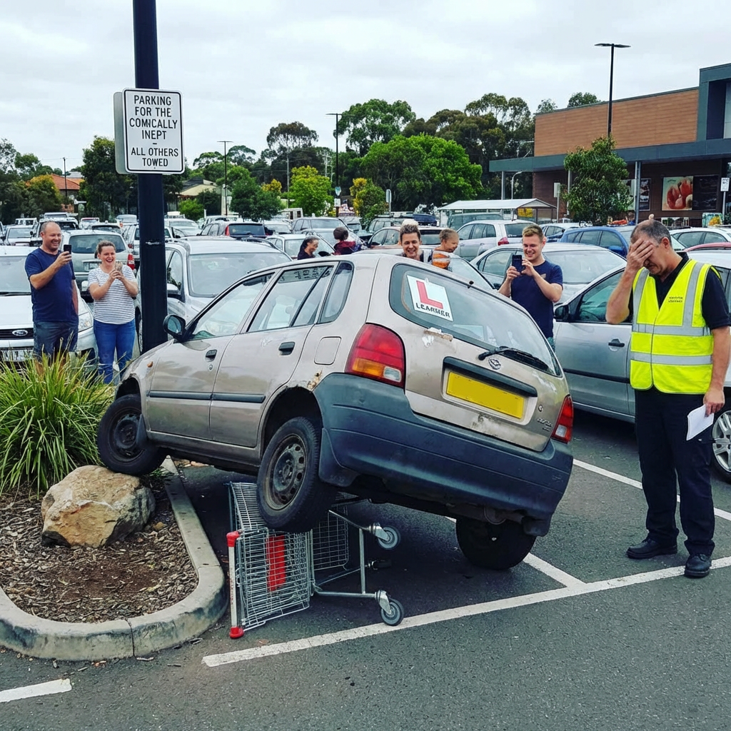 A learner's car stuck on a shopping trolley next to a sign saying "PARKING FOR THE COMICALLY INEPT".